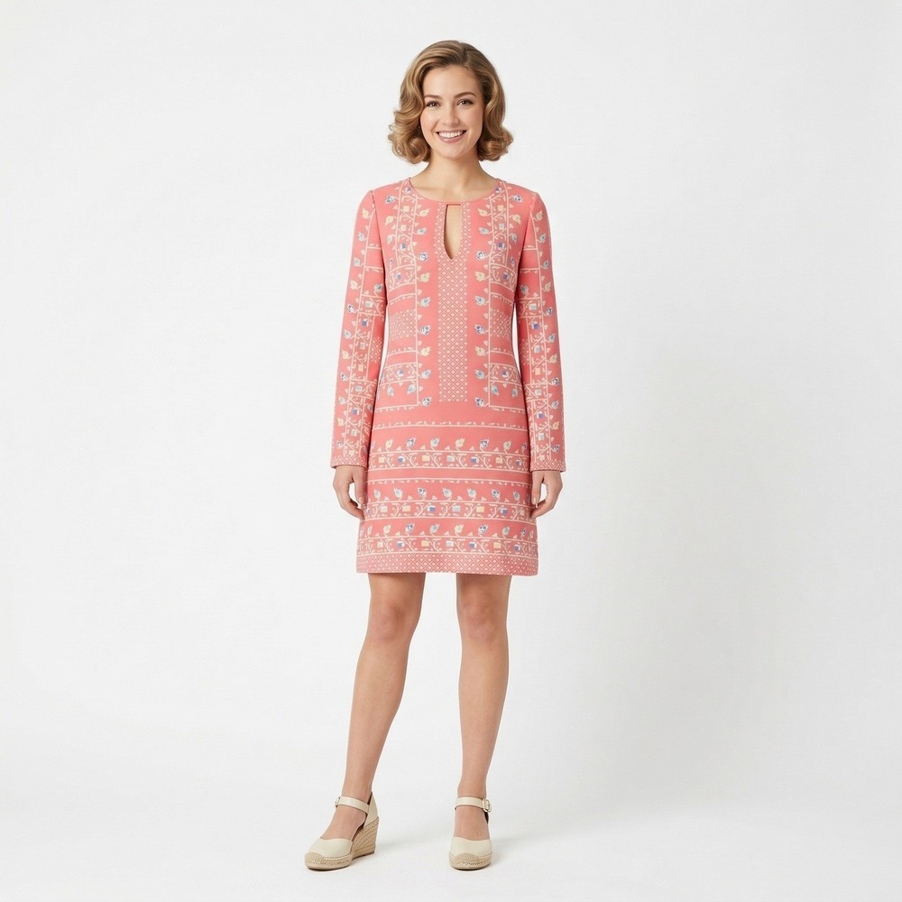 BCBGMAXAZRIA Coral Pink Floral Keyhole Long Sleeve Shift Dress Women Size S